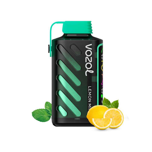 VOZOL GEAR 20000 Lemon Mint Vape mit stylischem Design in Schwarz-Grün, umgeben von frischer Minze und Zitronenscheiben. Frische Vape kaufen.