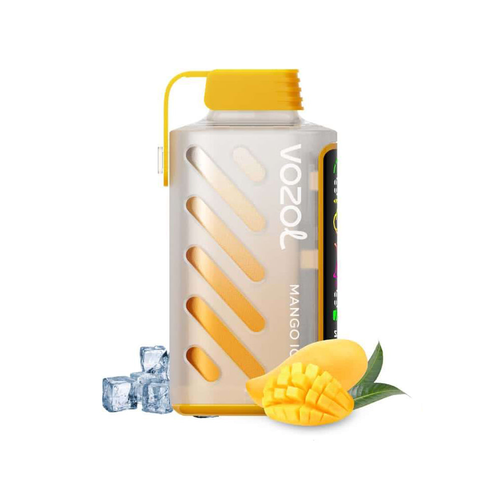 VOZOL GEAR 20000 Mango Ice Vape mit tropischem Mango-Aroma und eisiger Frische. Stylisches Design mit Sichtfenster und Eiswürfeln im Vordergrund.