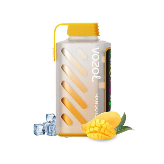 VOZOL GEAR 20000 Mango Ice Vape mit tropischem Mango-Aroma und eisiger Frische. Stylisches Design mit Sichtfenster und Eiswürfeln im Vordergrund.