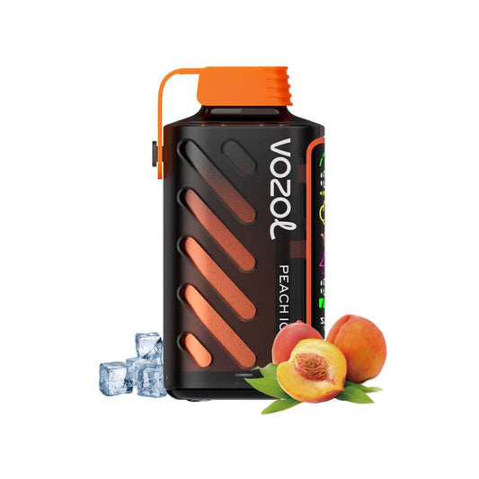 VOZOL GEAR 20000 Peach Ice Vape mit schwarzem Gehäuse, orangen Akzenten, frischen Pfirsichen und Eiswürfeln – süßer Fruchtgenuss mit Kühleffekt.