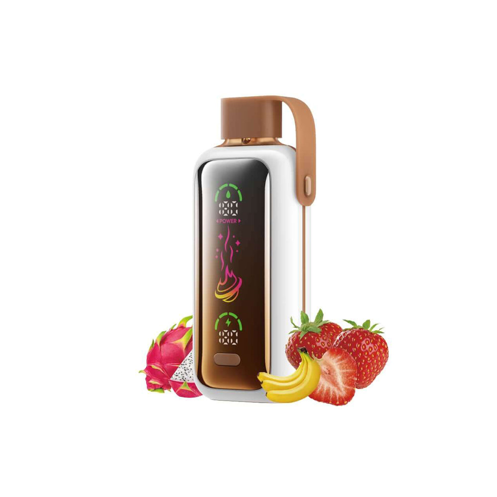 VOZOL STAR 20000 Dragon Strawnana E-Zigarette mit Display, umgeben von Drachenfrucht, Erdbeeren und Bananen. Exotische Vape kaufen.