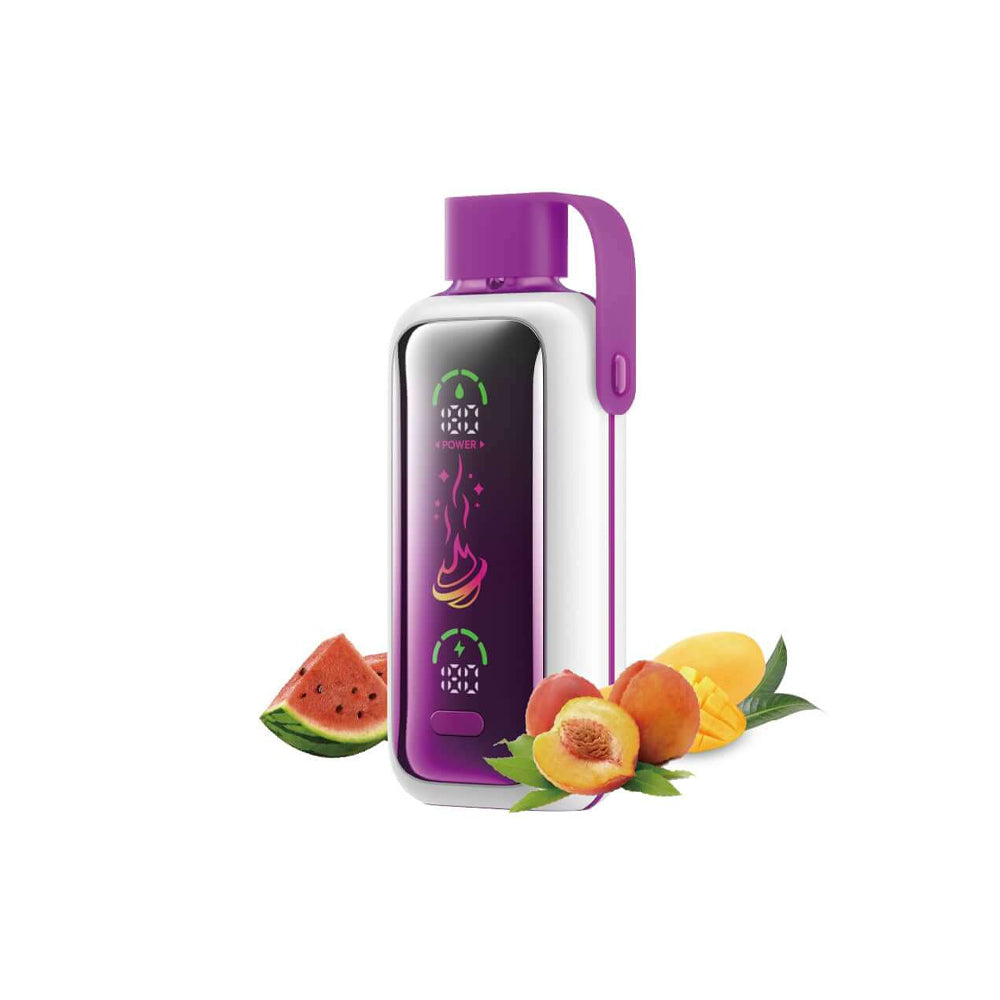 VOZOL STAR 20000 Peach Mango Watermelon Vape mit violettem Gehäuse und Fruchtmix aus Pfirsich, Mango und Wassermelone im Vordergrund. Tropische E-Zigarette für intensiven Fruchtgeschmack.