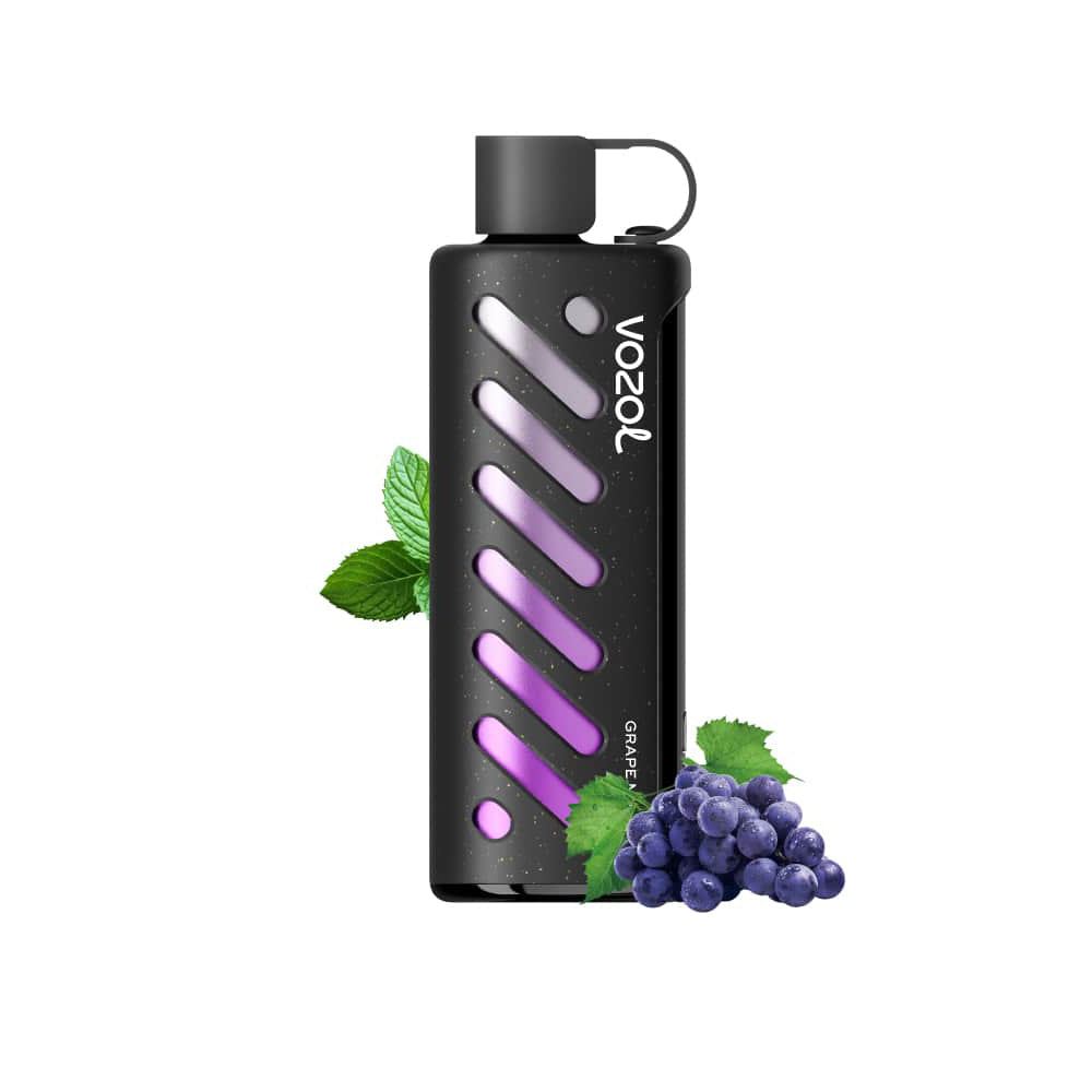 VOZOL GEAR 25000 Grape Mint E-Zigarette mit schwarzem Gehäuse, lila LED-Streifen, frischen Minzblättern und saftigen Trauben im Vordergrund.