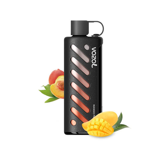 VOZOL GEAR 25000 Mango Peach E-Zigarette mit stylischem schwarzem Design, umgeben von frischer Mango und Pfirsich. Fruchtige Vape kaufen.