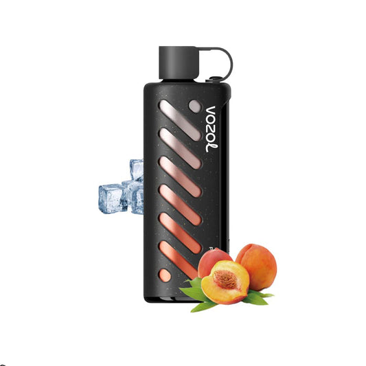 VOZOL GEAR 25000 Peach Ice E-Zigarette mit schwarzem Gehäuse, Eiswürfeln und frischen Pfirsichen – erfrischender Vape-Genuss mit bis zu 25.000 Zügen.
