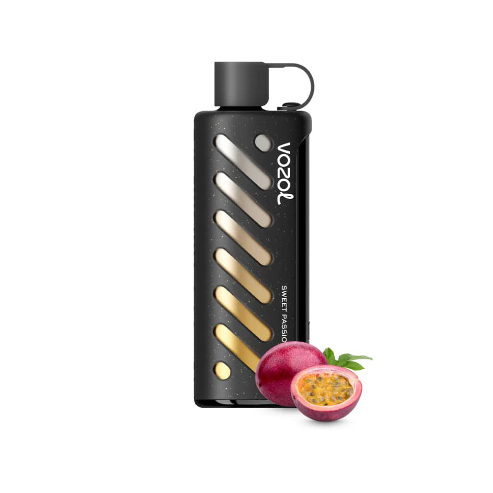 VOZOL GEAR 25000 Sweet Passionfruit E-Zigarette mit stylischem schwarzem Design und frischer Passionsfrucht-Deko. Exotische Vape kaufen.
