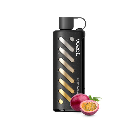 VOZOL GEAR 25000 Sweet Passionfruit E-Zigarette mit stylischem schwarzem Design und frischer Passionsfrucht-Deko. Exotische Vape kaufen.