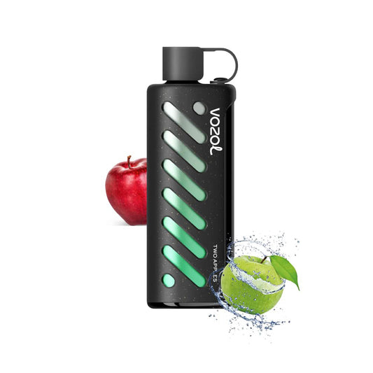 VOZOL GEAR 25000 Two Apples E-Zigarette mit grünem LED-Design, rotem Apfel im Hintergrund und spritzigem grünem Apfel im Vordergrund.