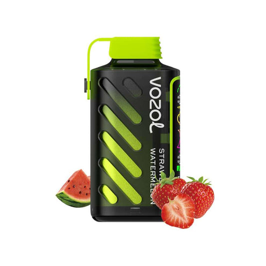 VOZOL GEAR 20000 Strawberry Watermelon Vape mit fruchtigem Design, umgeben von Erdbeeren und Wassermelone. Ideal für bis zu 20.000 Züge.