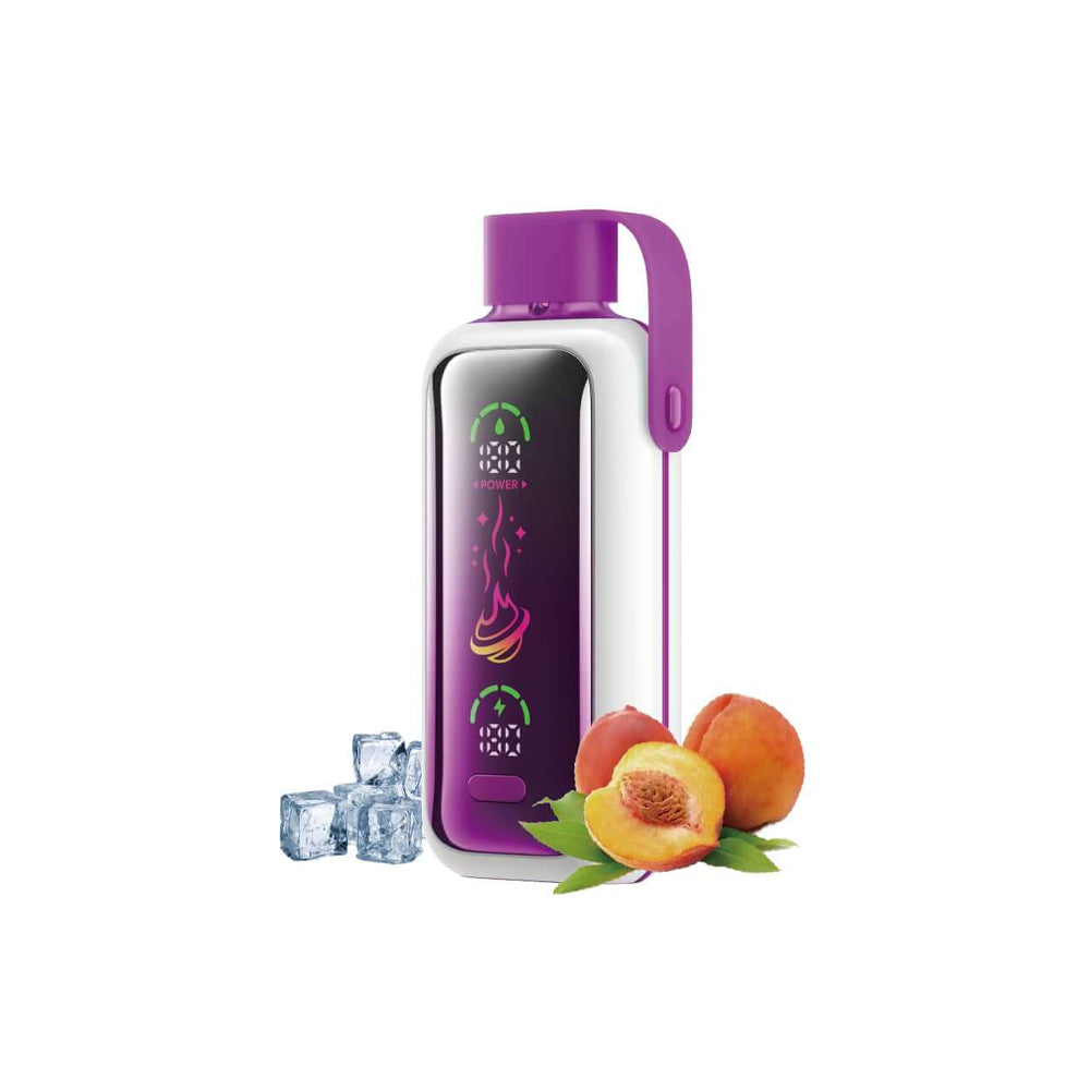 VOZOL STAR 20000 Juicy Peach Ice E-Zigarette mit violettem Gehäuse, Eiswürfeln und frischen Pfirsichen für bis zu 20.000 Züge Genuss.