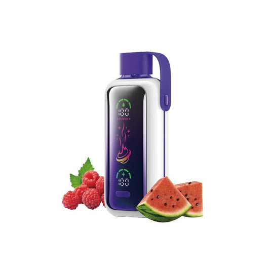 VOZOL STAR 20000 Raspberry Watermelon E-Zigarette mit Display, umgeben von Himbeeren und Wassermelonenstücken. Fruchtige Vape mit bis zu 20.000 Zügen.